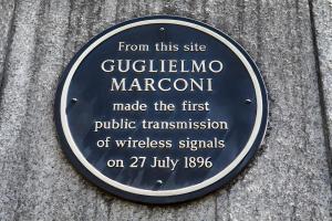 Blue plaque commemorating the first radio broadcast by Marconi